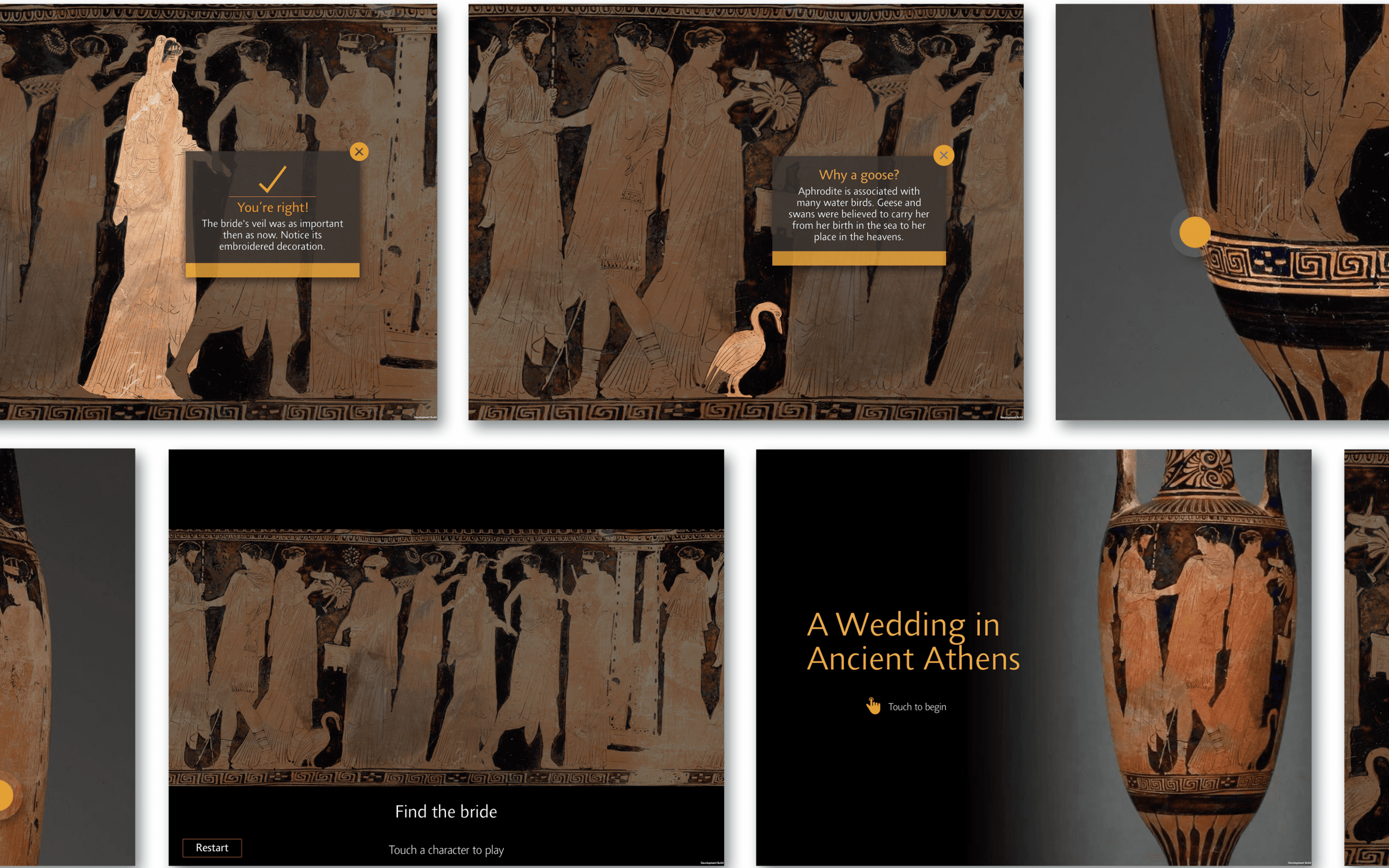 A collection of screens from the museum interactive. The title screen reads "A Wedding in Ancient Athens." On another screen the user is shown the figures from the vessel and prompted to tap the bride. Another screen congratulates the user for finding the bride and provides further information.