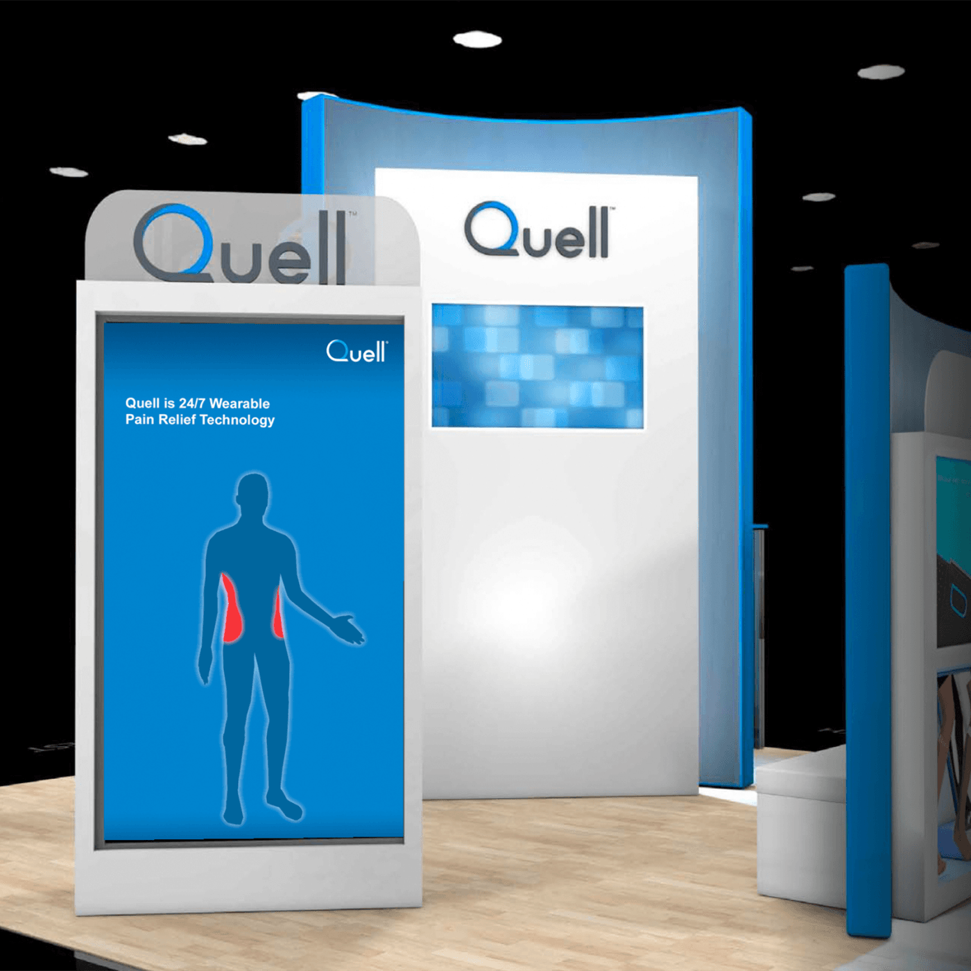 A render of a trade show booth focusing on the 90″ screen featuring the Quell Interactive. The screen shows a freeze frame of the silhouette with red highlighted areas.