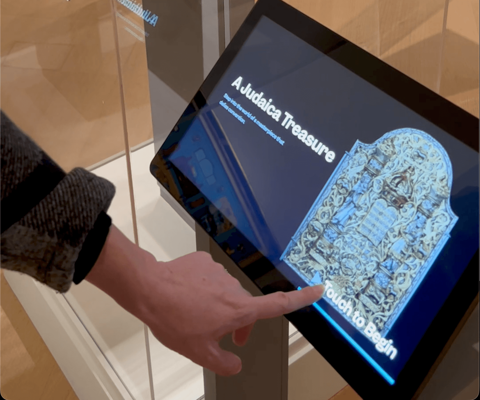 A freestanding touchscreen kiosk.