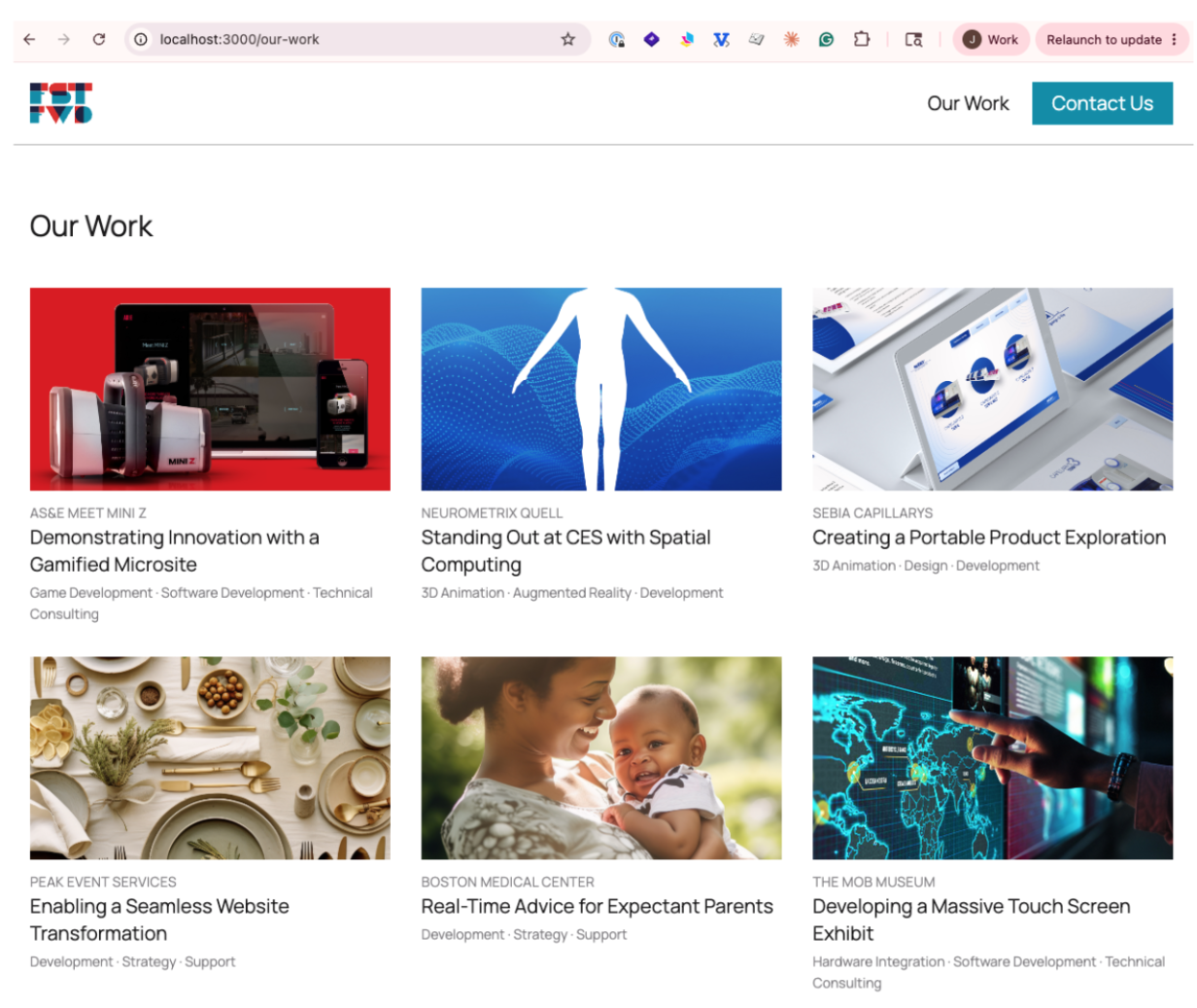 The migrated site on a local dev server about an hour in — the work grid and case-study cards rendering real content, before the visual-parity pass.
