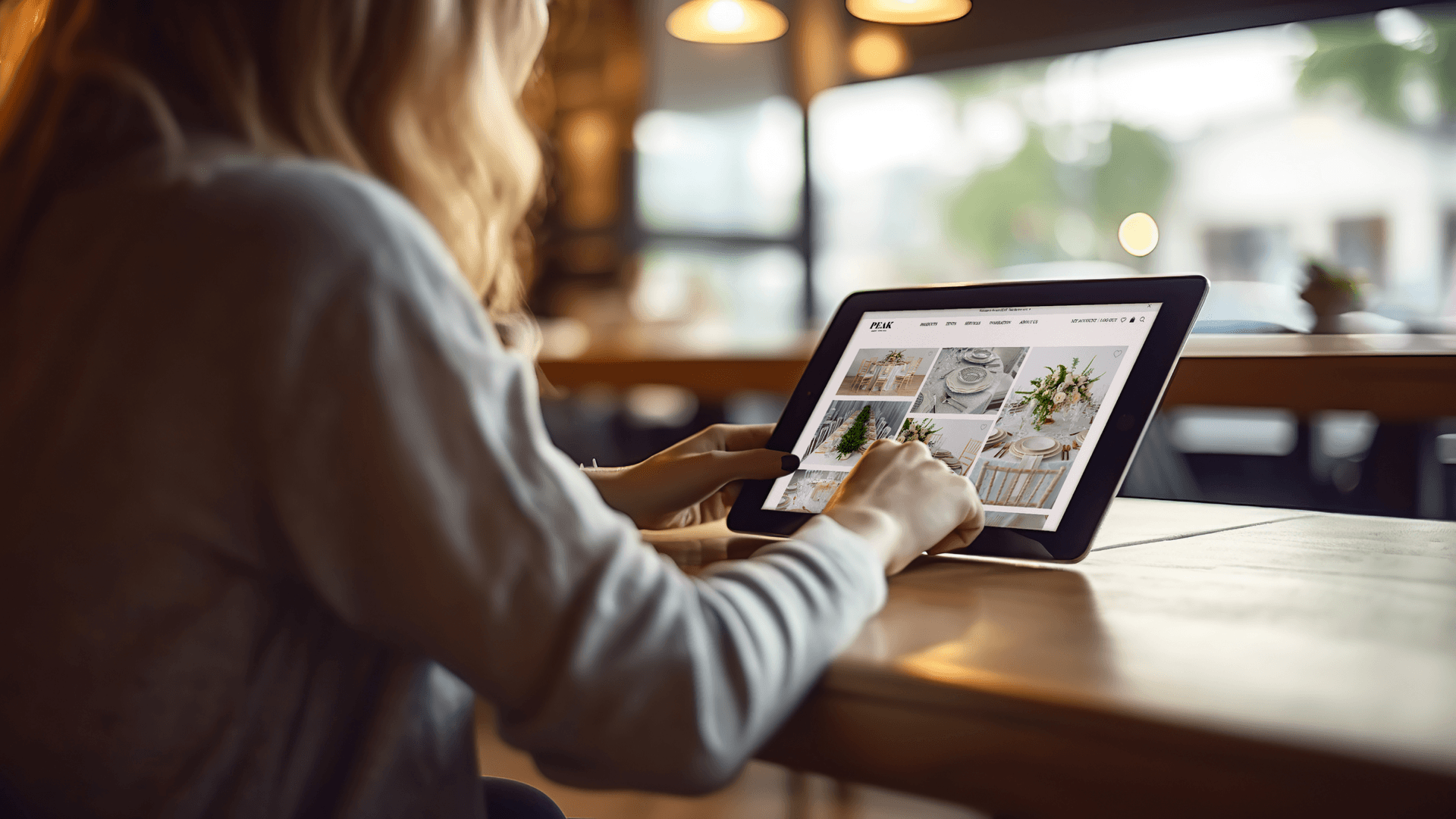 A user uses a tablet to scroll through inspiration images showing wedding place settings and decorations on the PEAK Event Services website.