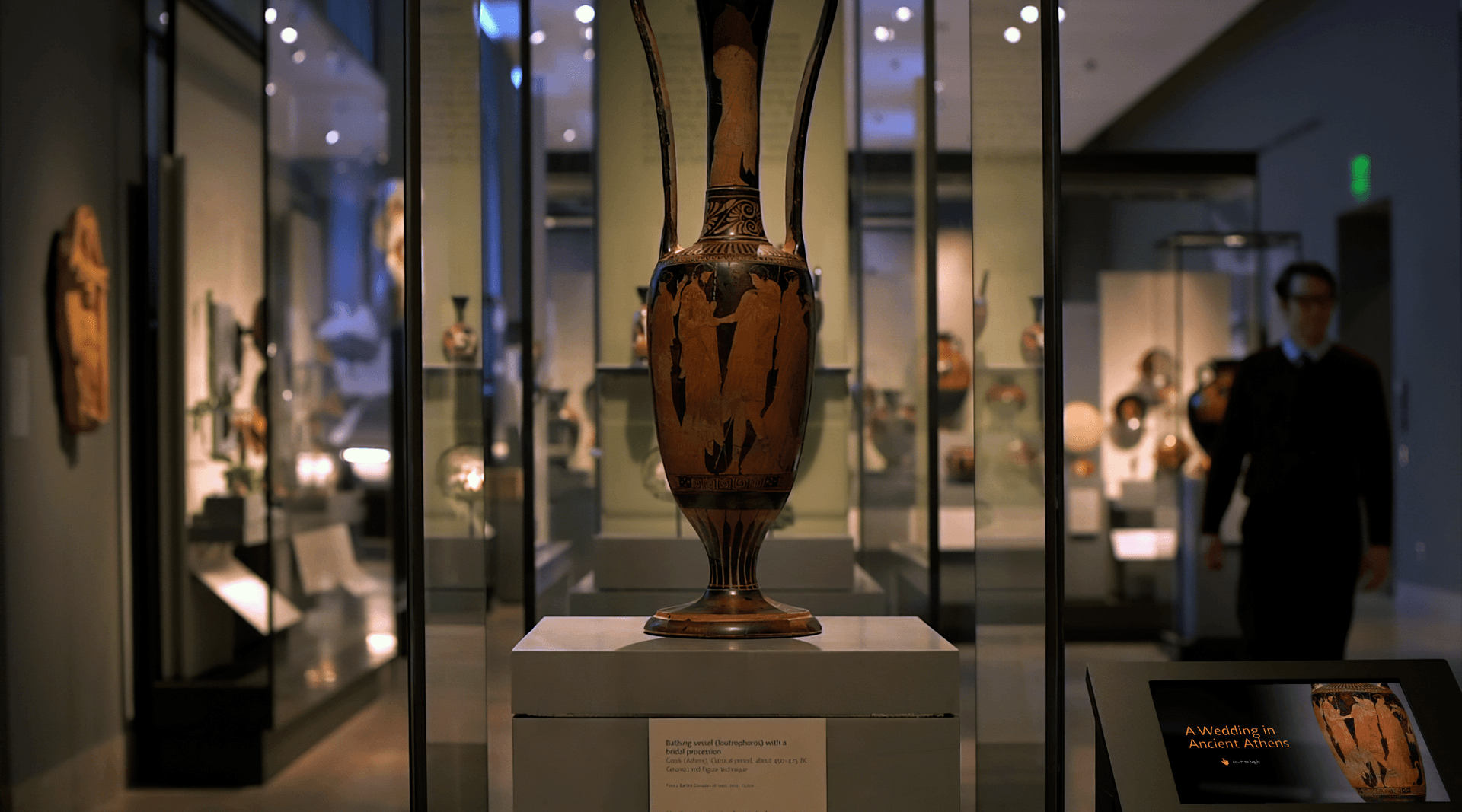 A greek bathing vessel from the classical period with red-figure depictions of a wedding procession sits in a display case at the MFA Boston. To the right a mounted iPad shows the interactive's title screen.