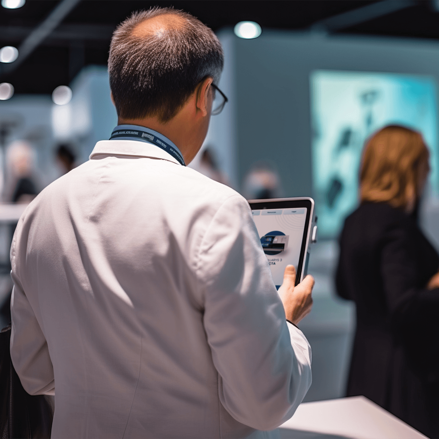 Business person at a trade show looks at a tablet, the edge of the tablet's screen can be seen which shows a view from the Sebia Sales App.